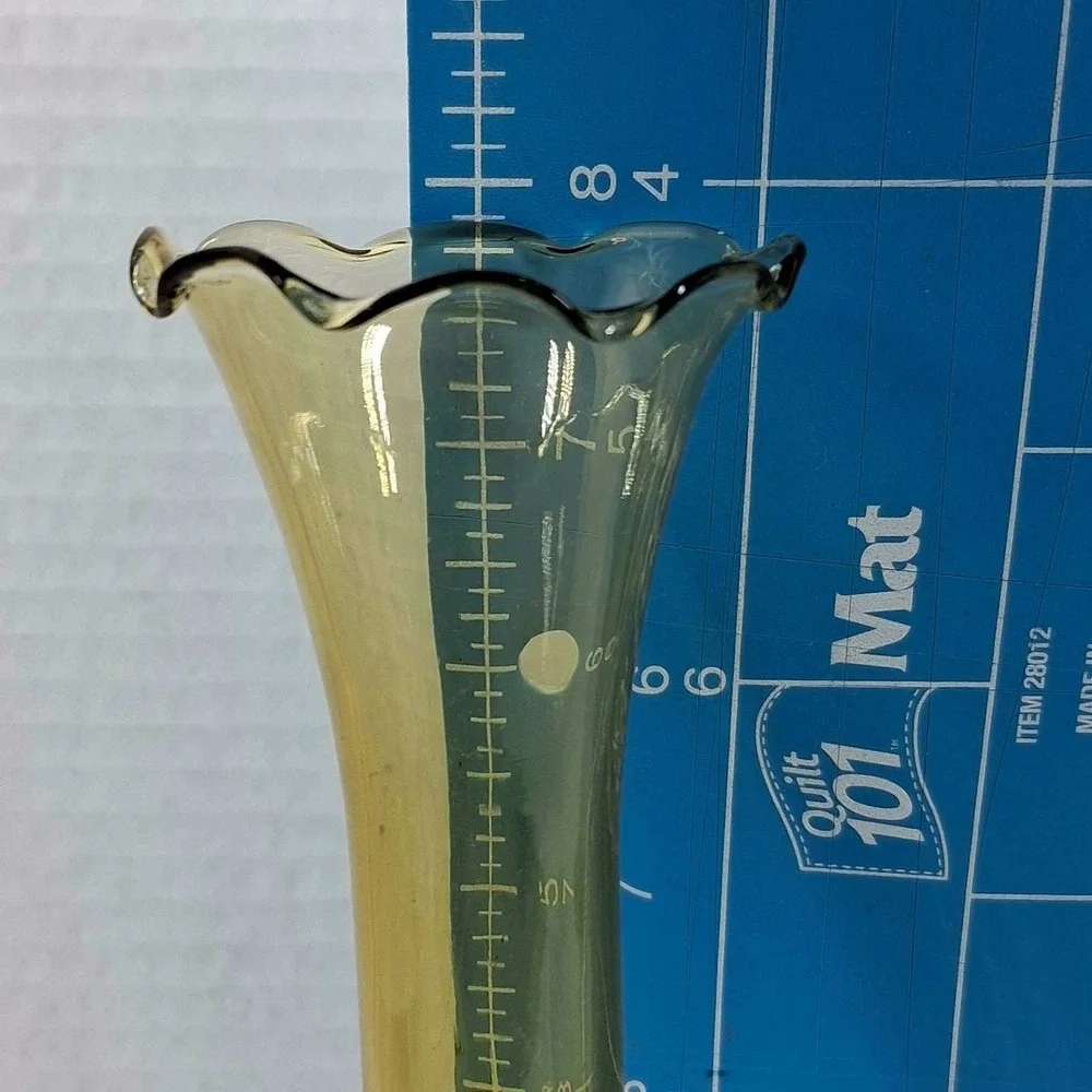 Vintage Amber Hand Blown Glass Bud Vase Twisted Stem Ruffled Rim 7.5 Inch MCM